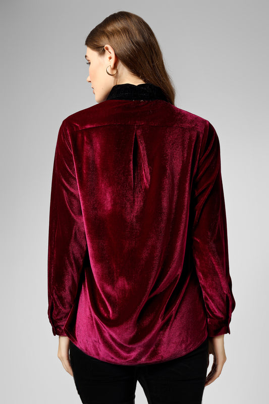 Wine Velvet Collared Shirt with Cuff Sleeves – Perfect Winter Wear