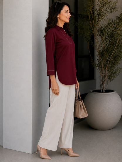 Women's Cotton Blend Tunic Top with Contrast Stitching | Mehroon/Mustard and Majenda pink