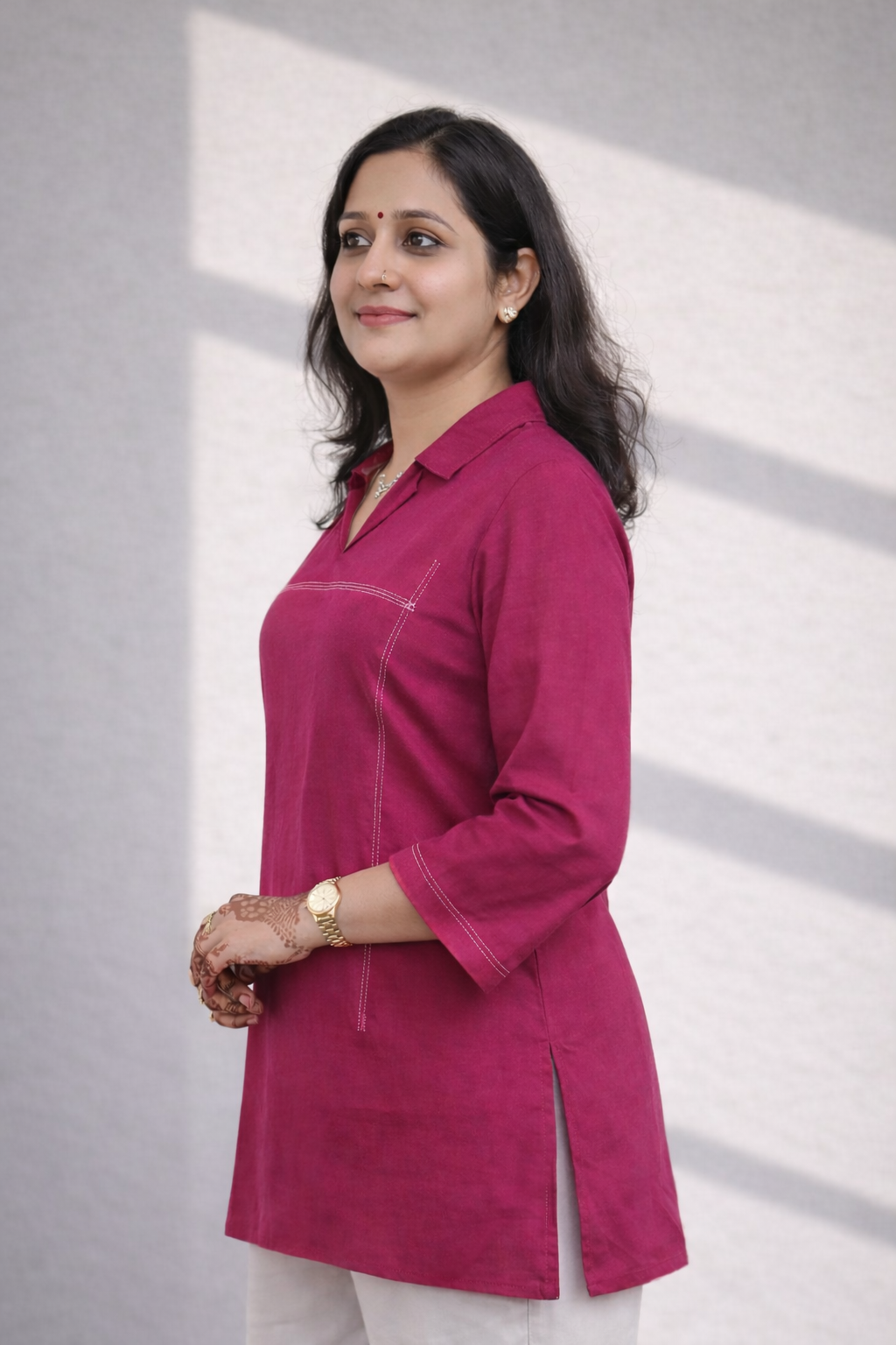 Women’s Solid Tunic Kurti – Relaxed Fit, V-Neck