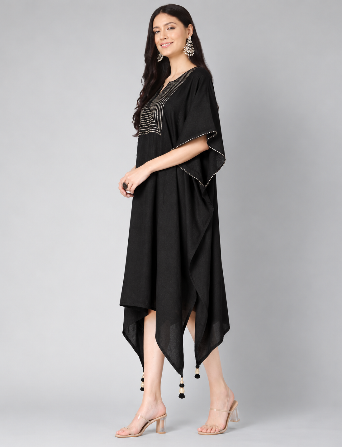 Elegant Maroon/Black  Kaftan Dress with gota Detailing. Perfect for all occasions