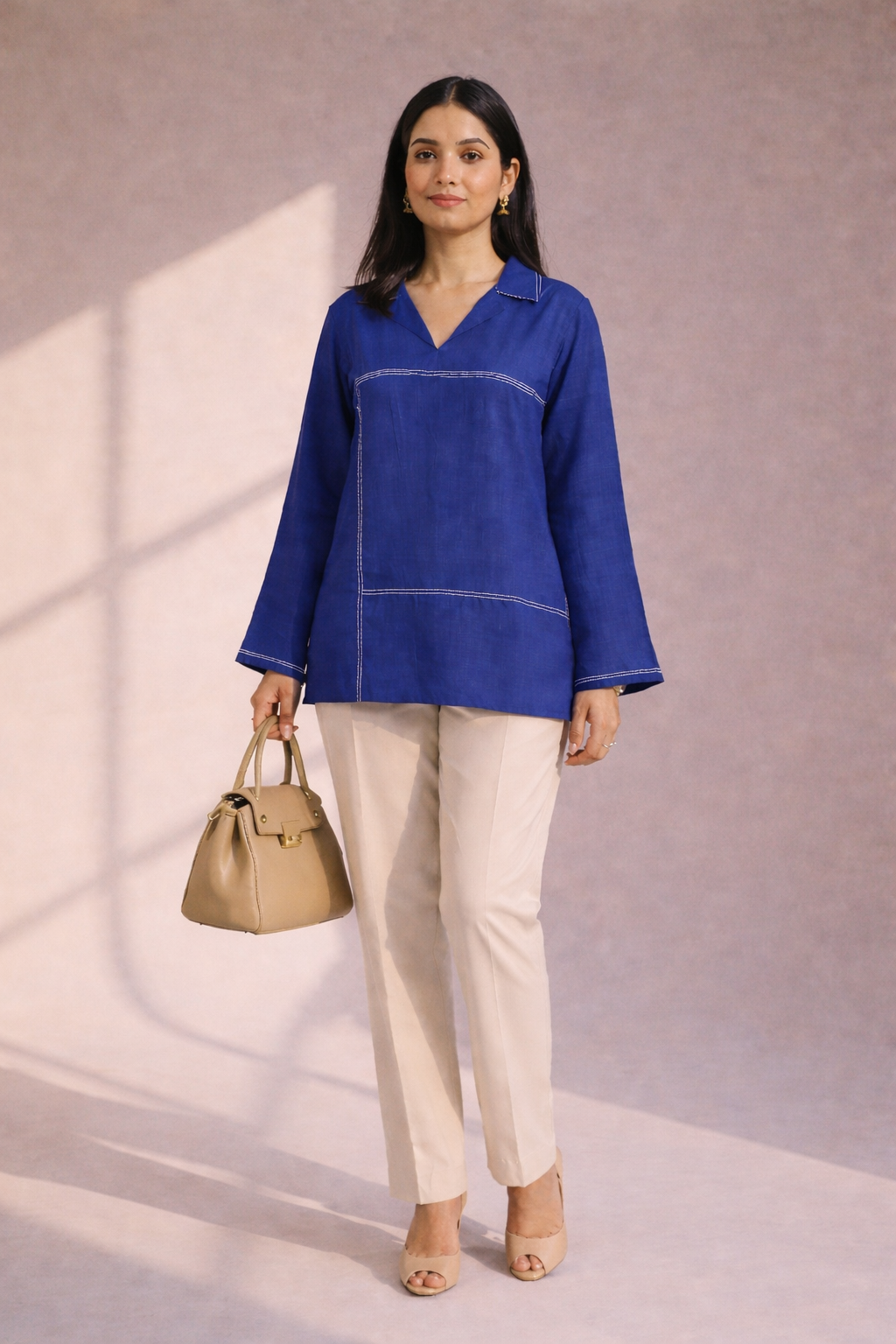 Women’s Solid Tunic Kurti – Relaxed Fit, V-Neck