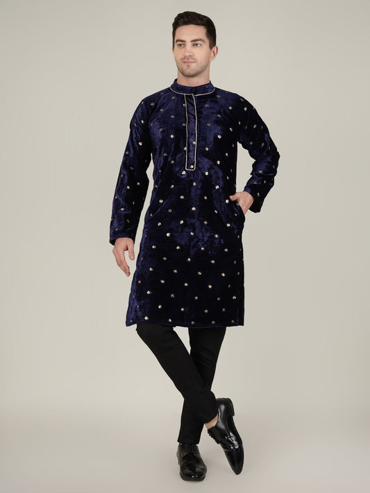 Navy Blue Velvet Kurta with Gold Embellished Detailing