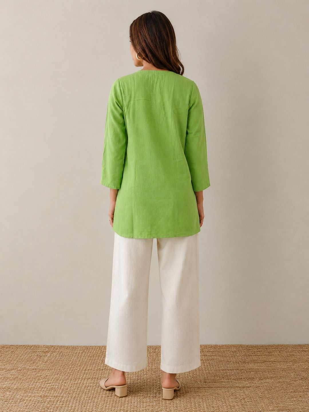 Women's Casual Mandarin Collar Tunic Top | Soft Cotton Blend | Lime Green