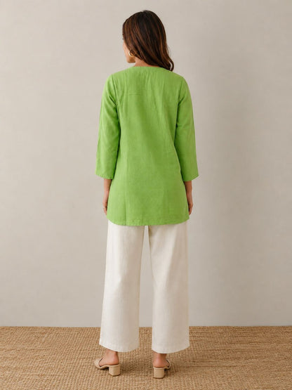 Women's Casual Mandarin Collar Tunic Top | Soft Cotton Blend | Lime Green