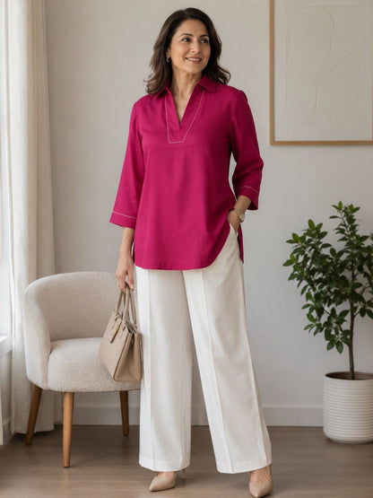 Women's Cotton Blend Tunic Top with Contrast Stitching | Pink & Mustard
