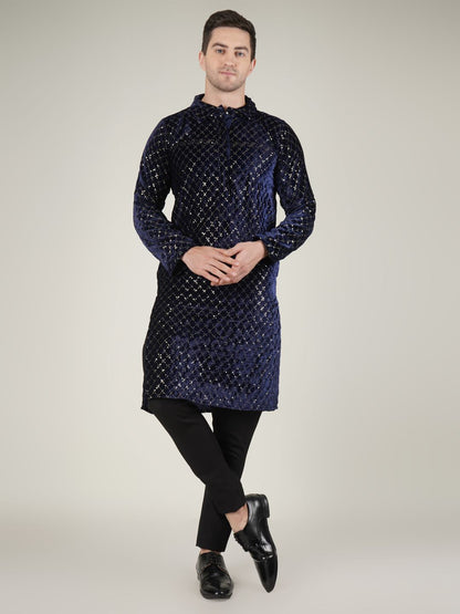 Navy Blue Velvet Kurta with Geometric Pattern