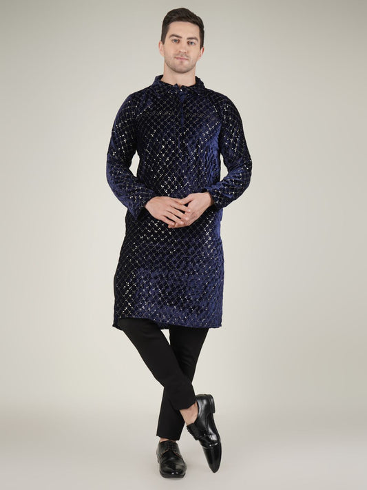 Navy Blue Velvet Kurta with Geometric Pattern