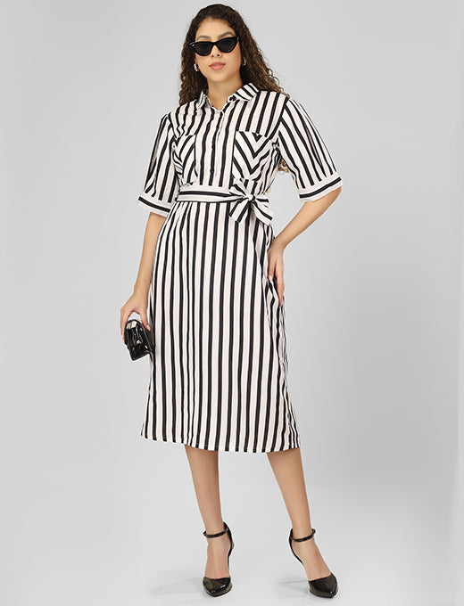 Step out in style with this Rayon Cotton Striped Long Dress, featuring a sleek waist belt and stylish sleeves for a refined yet trendy look