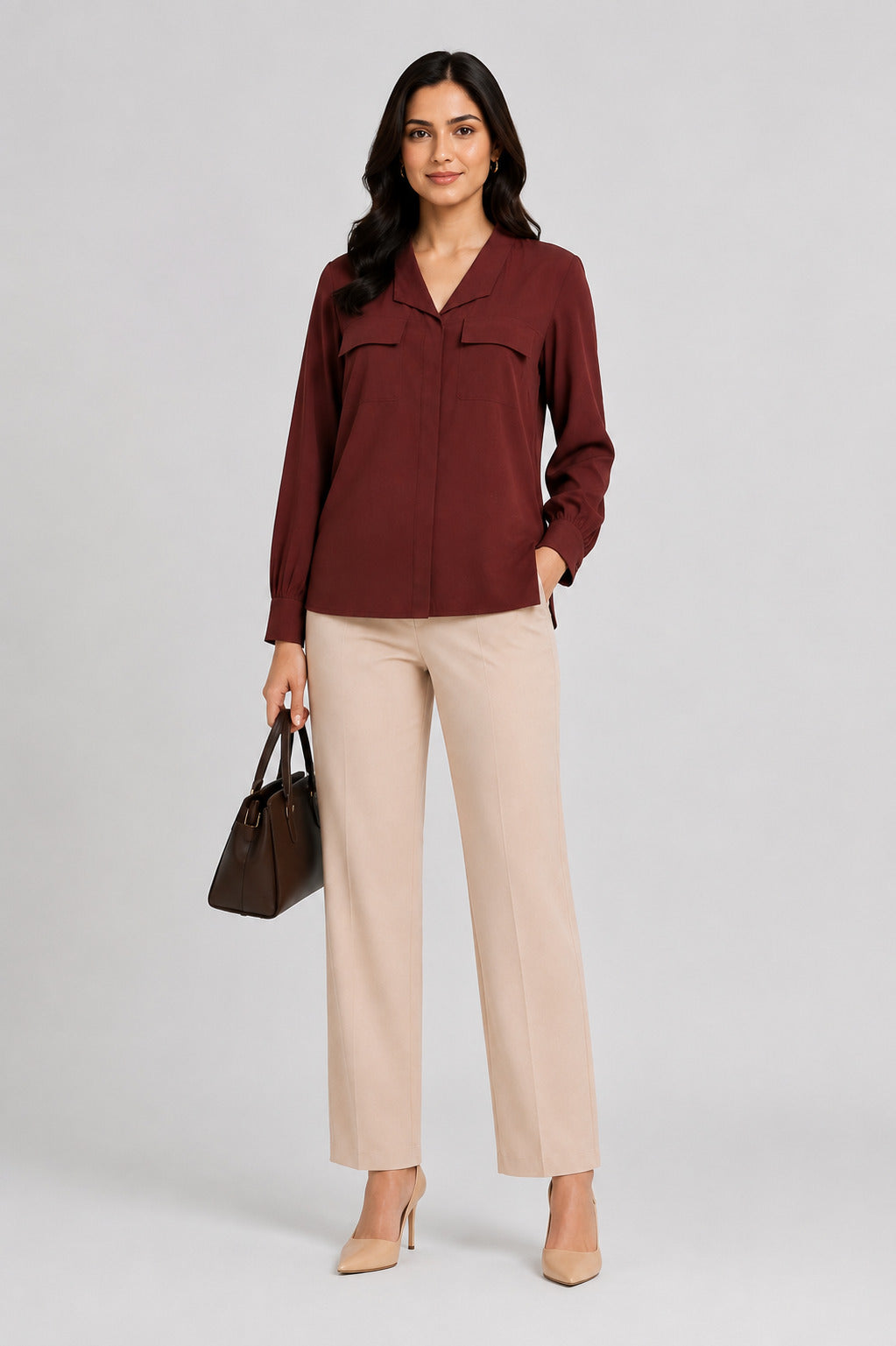 Women’s Solid Brown Relaxed Fit Top with Flap