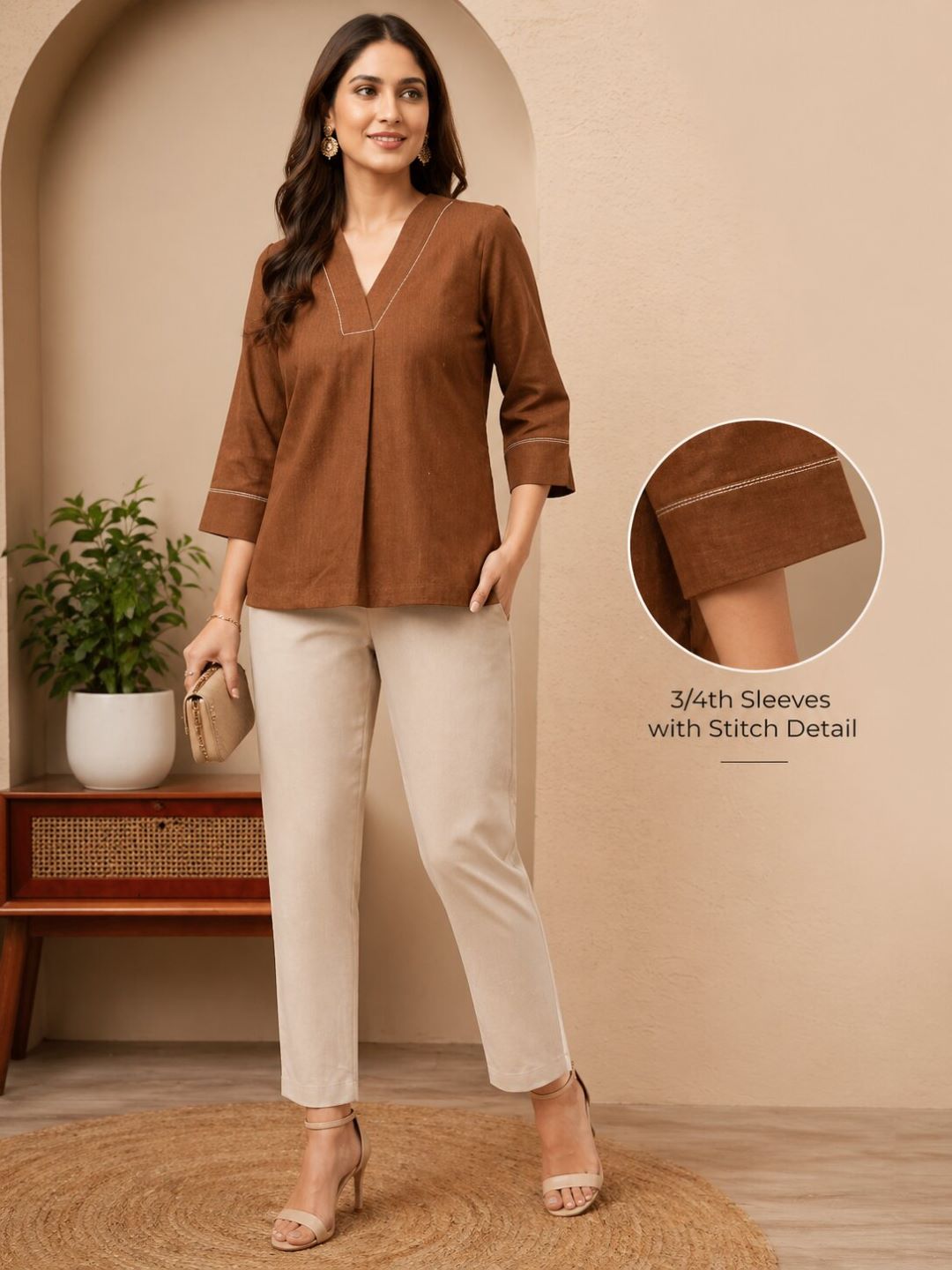 Women Solid V-Neck 3/4 Sleeve Top with Contrast Stitch Detail | Casual Office Wear Top (Green, Brown, Beige)