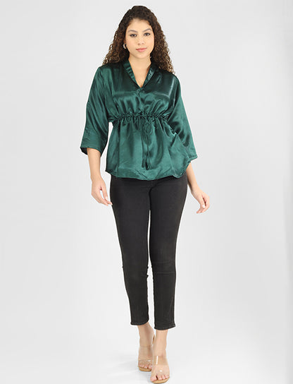 Emerald Green Satin Drawstring Waist Top – Elegant V-Neck Party Wear Top