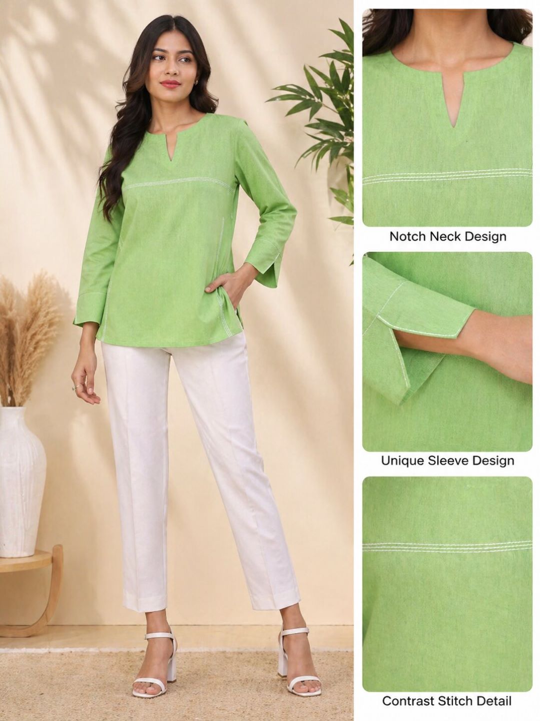 Women Solid Cotton Top with Contrast Stitching | Lime Green & Coral Pink