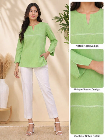 Women Solid Cotton Top with Contrast Stitching | Lime Green & Coral Pink