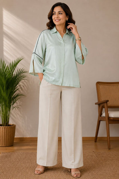 Women's Casual Collared Top | Bell Sleeves | Available in Mustard, Cherry Red, Beige & Ice Blue