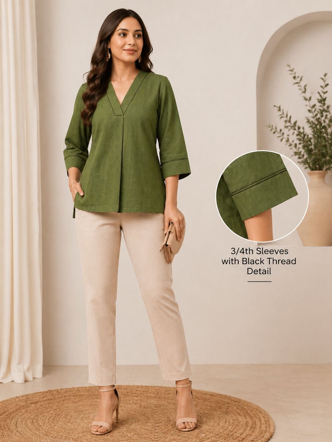 Women Solid V-Neck 3/4 Sleeve Top with Contrast Stitch Detail | Casual Office Wear Top (Green, Brown, Beige)