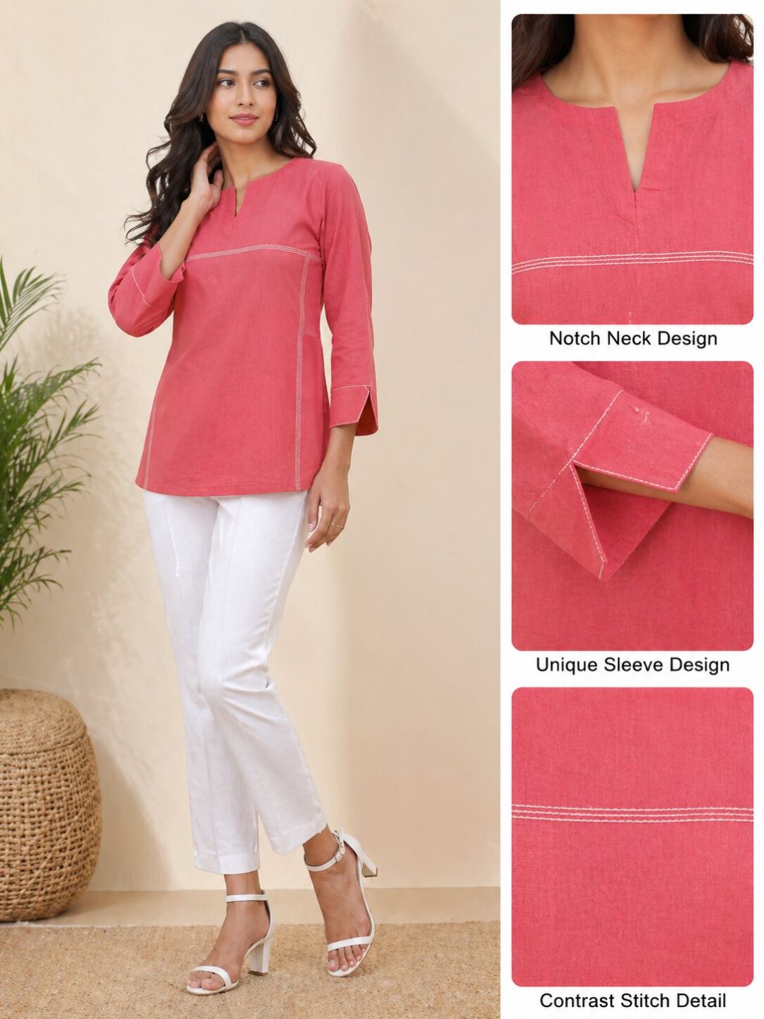 Women Solid Cotton Top with Contrast Stitching | Lime Green & Coral Pink