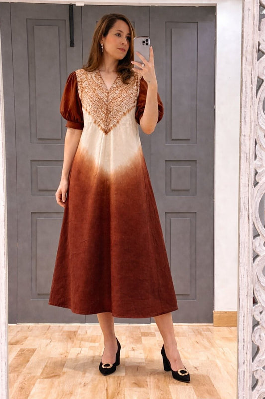 Brown Tie-Dye A-Line Midi Dress with V-Neck
