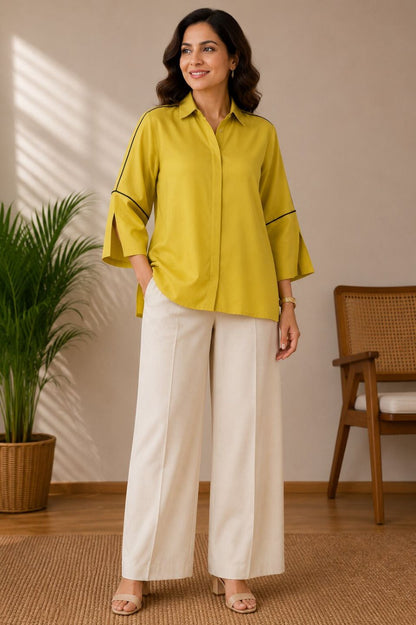 Women's Casual Collared Top | Bell Sleeves | Available in Mustard, Cherry Red, Beige & Ice Blue
