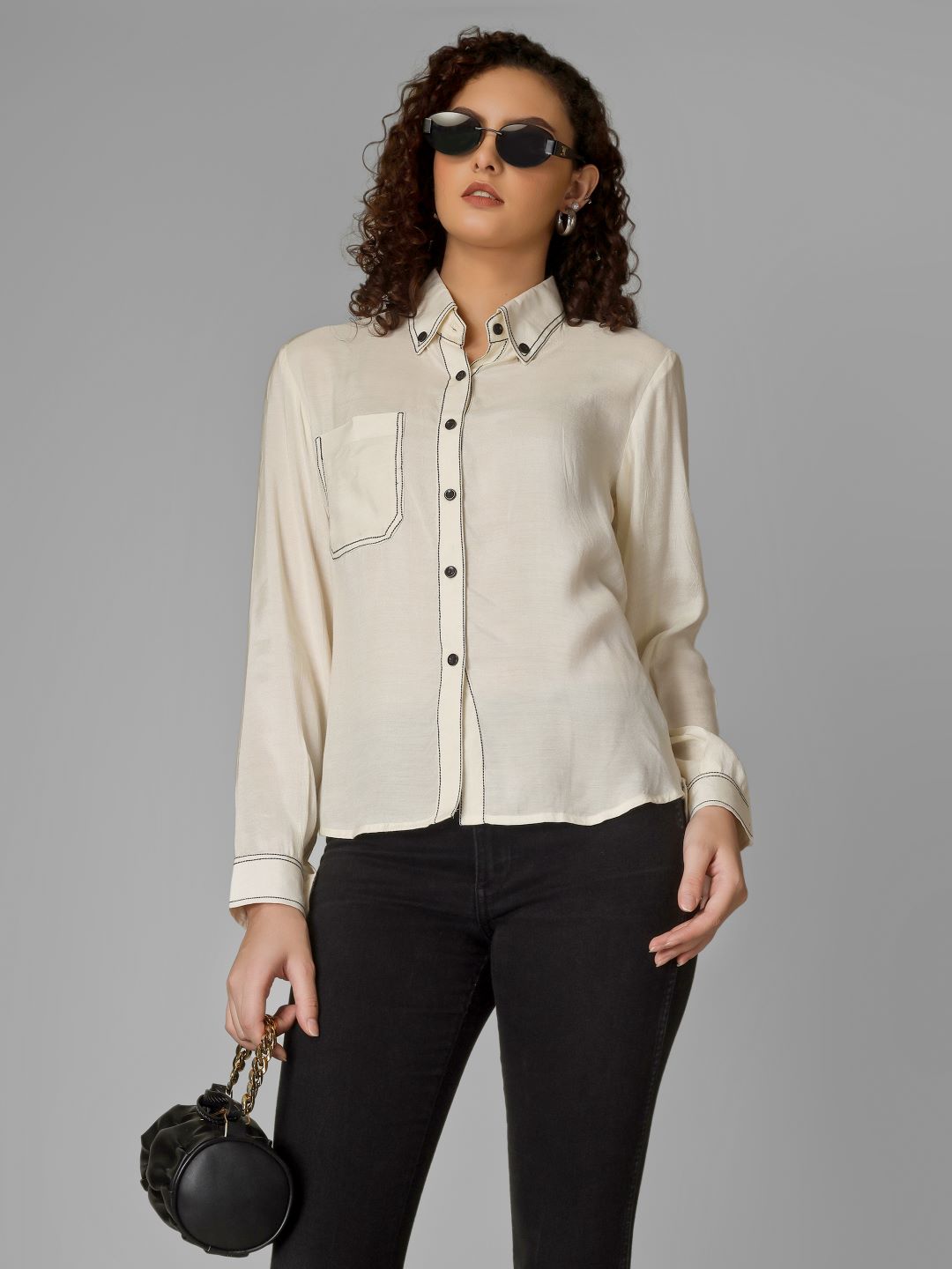 Offwhite V-Neck Shirt with Black Piping & Full Cuff Sleeves