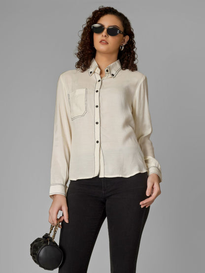 Offwhite V-Neck Shirt with Black Piping & Full Cuff Sleeves