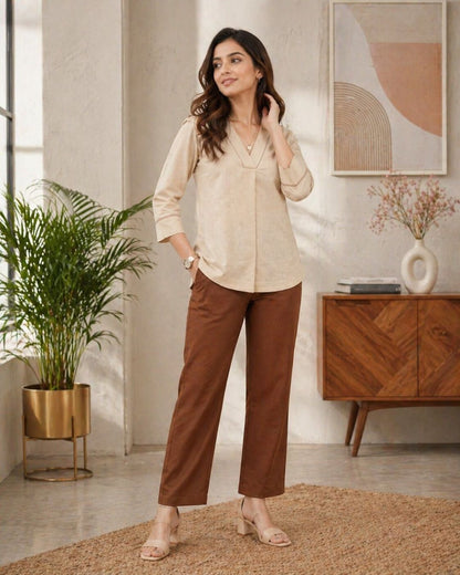 Women Solid V-Neck 3/4 Sleeve Top with Contrast Stitch Detail | Casual Office Wear Top (Green, Brown, Beige)