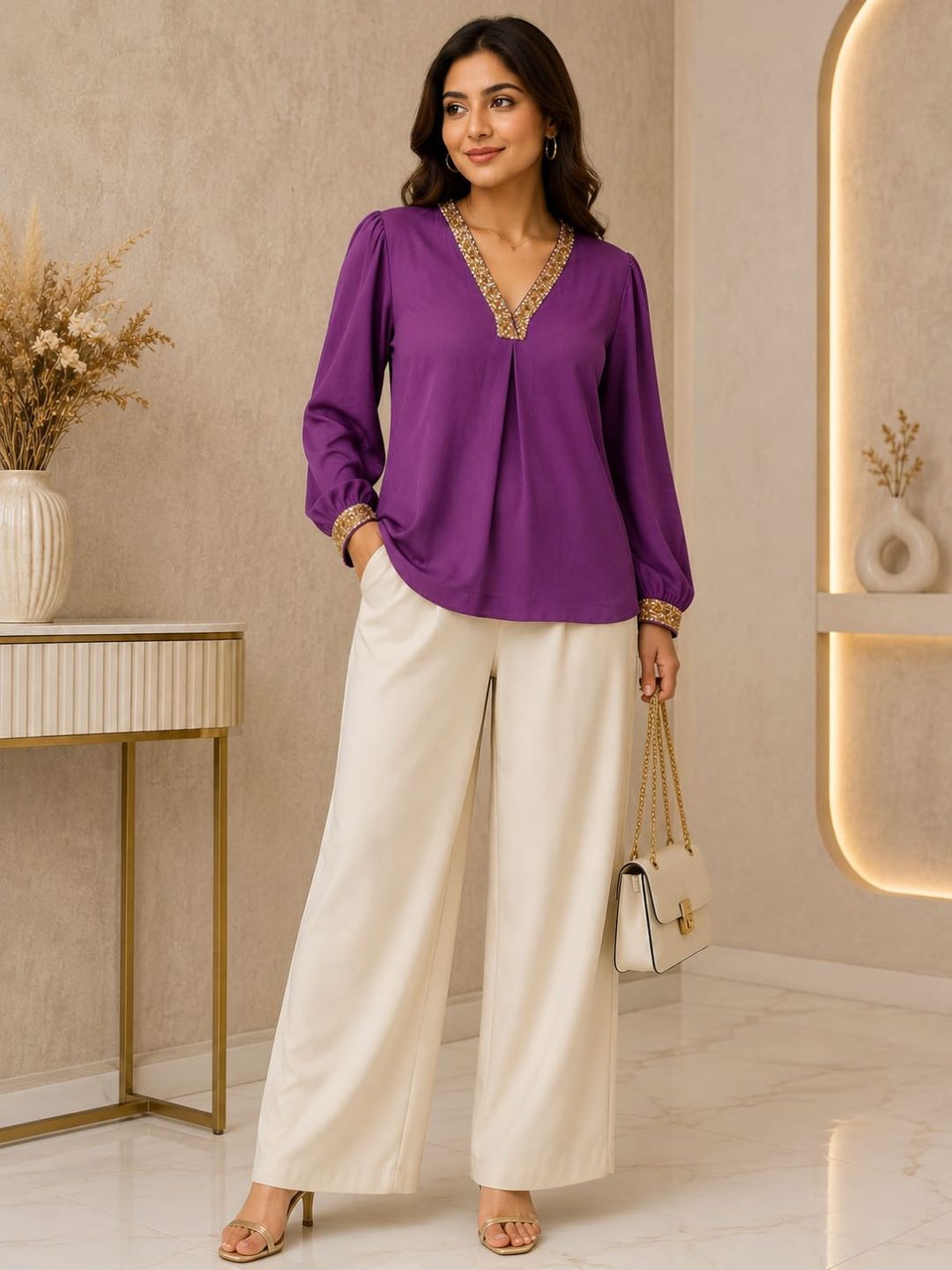 Purple Embellished V-Neck Top