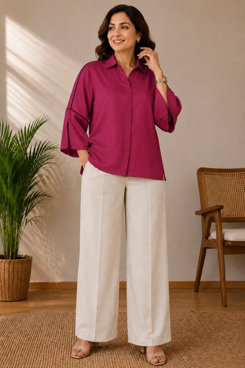 Women's Casual Collared Top | Bell Sleeves | Available in Mustard, Cherry Red, Beige & Ice Blue
