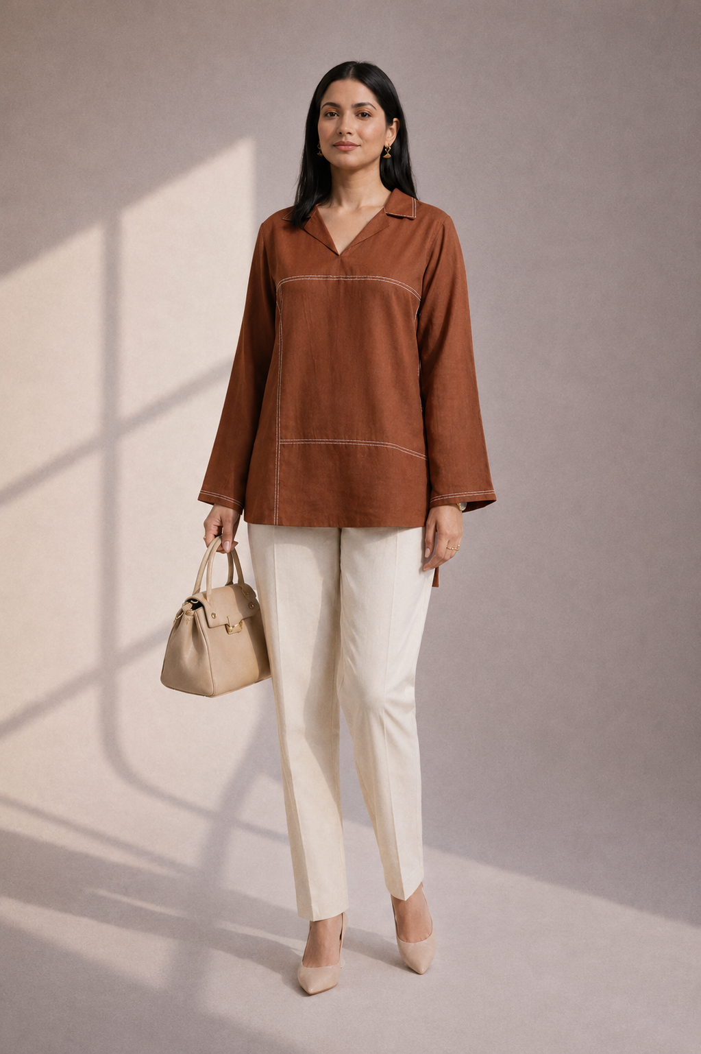 Women’s Solid Tunic Kurti – Relaxed Fit, V-Neck