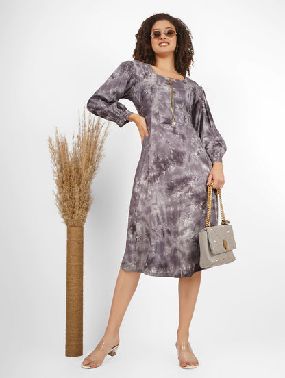 Stay effortlessly chic in this Grey Stone-Washed Printed Cotton Flared Dress, a perfect blend of style and comfort.