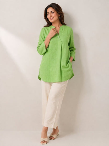 Women's Casual Mandarin Collar Tunic Top | Soft Cotton Blend | Lime Green