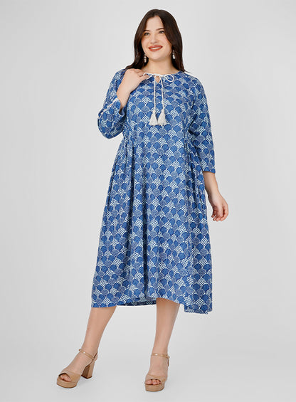 "Serene Sky Blue Cotton Summer Dress – Side Gathered Elegance"