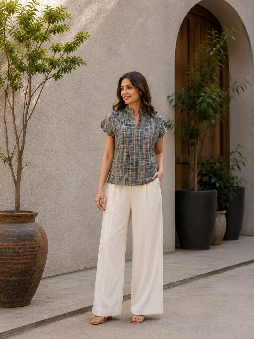 Women's Casual V-Neck Top | 100% Cotton | Textured Fabric | Caramel Brown