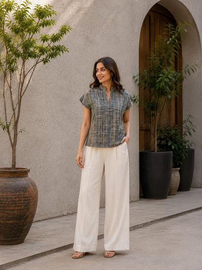 Women's Casual V-Neck Top | 100% Cotton | Textured Fabric | Caramel Brown