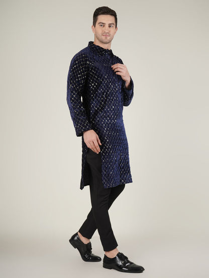 Navy Blue Velvet Kurta with Geometric Pattern