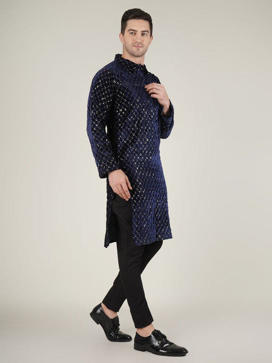 Navy Blue Velvet Kurta with Geometric Pattern