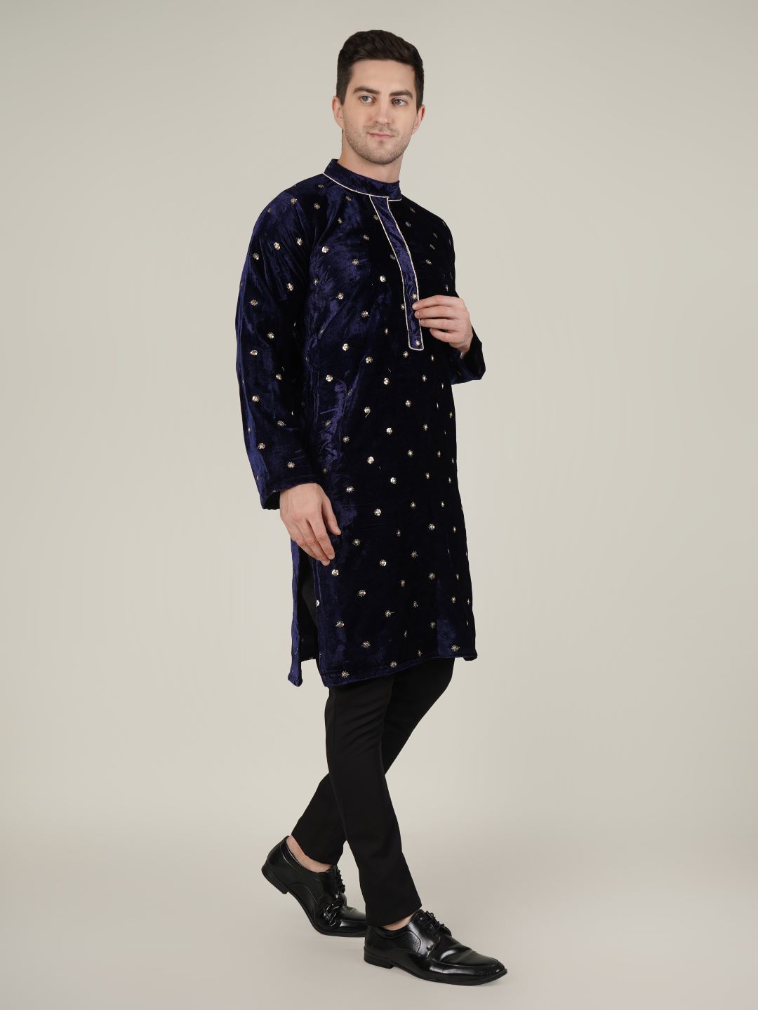 Navy Blue Velvet Kurta with Gold Embellished Detailing