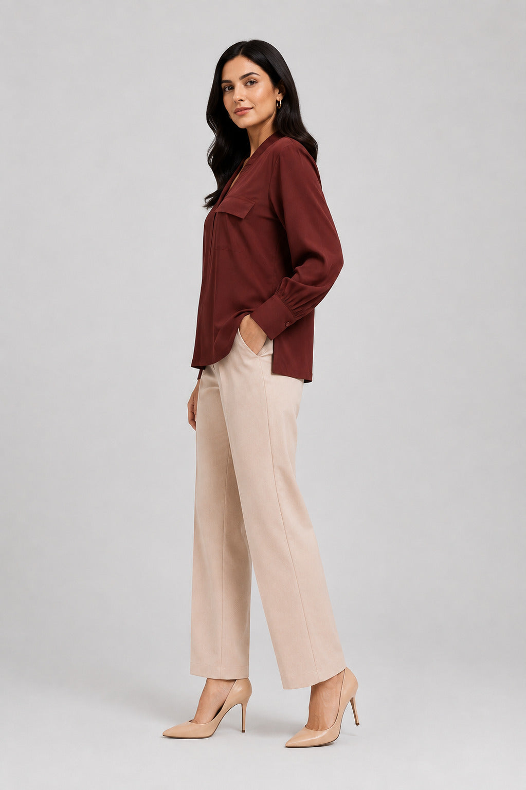 Women’s Solid Brown Relaxed Fit Top with Flap
