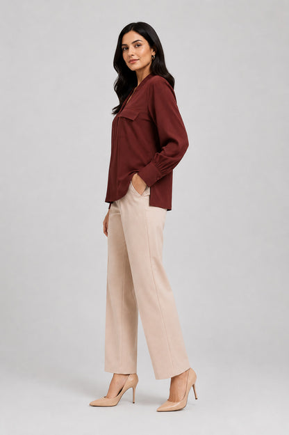 Women’s Solid Brown Relaxed Fit Top with Flap