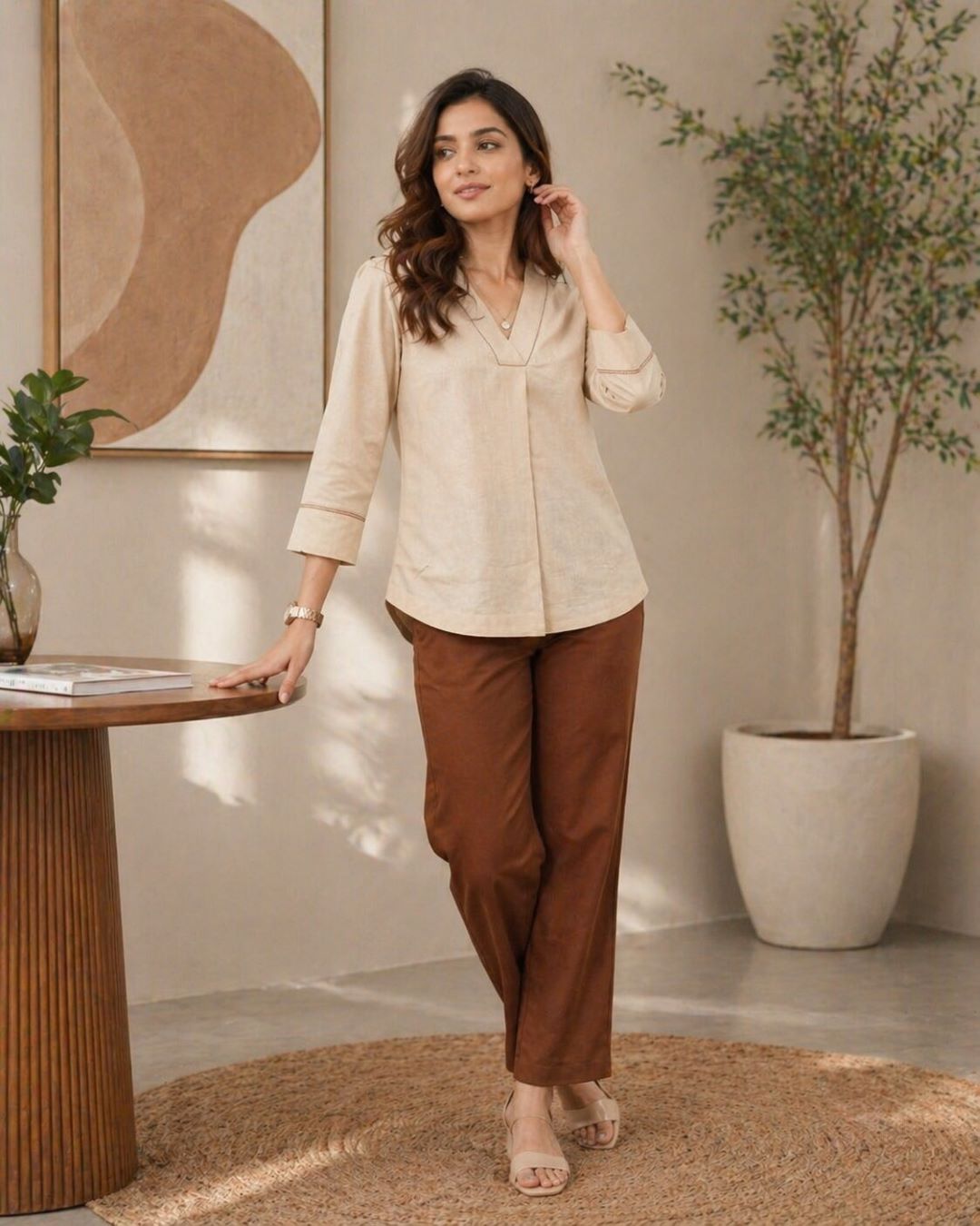 Women Solid V-Neck 3/4 Sleeve Top with Contrast Stitch Detail | Casual Office Wear Top (Green, Brown, Beige)
