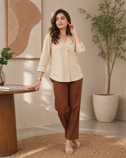 Women Solid V-Neck 3/4 Sleeve Top with Contrast Stitch Detail | Casual Office Wear Top (Green, Brown, Beige)