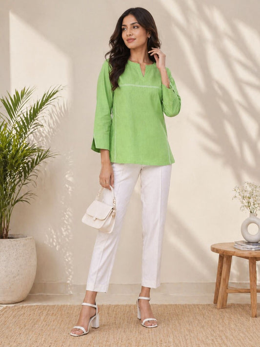 Women Solid Cotton Top with Contrast Stitching | Lime Green & Coral Pink