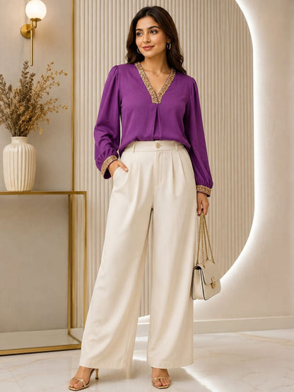 Purple Embellished V-Neck Top