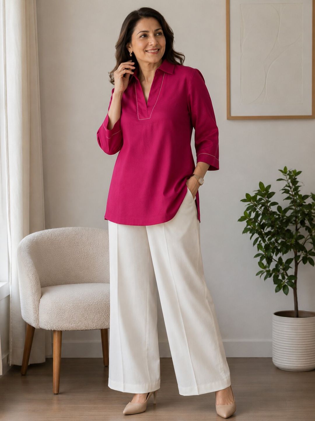 Women's Cotton Blend Tunic Top with Contrast Stitching | Pink & Mustard