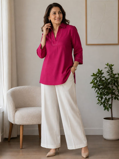 Women's Cotton Blend Tunic Top with Contrast Stitching | Pink & Mustard