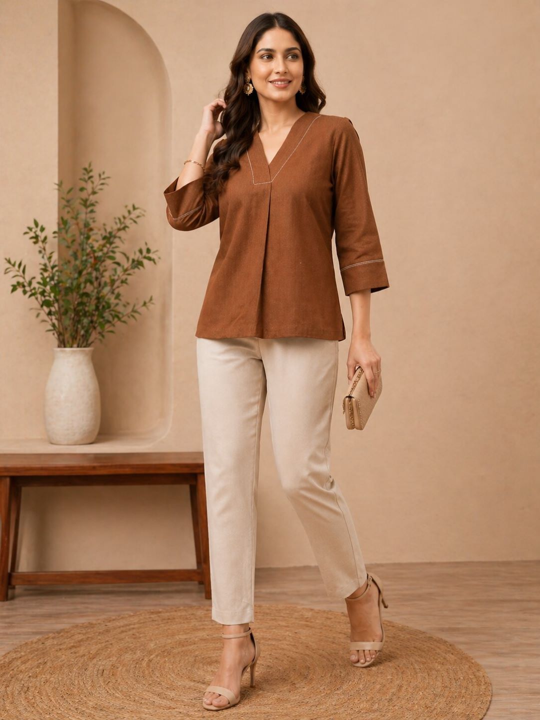 Women Solid V-Neck 3/4 Sleeve Top with Contrast Stitch Detail | Casual Office Wear Top (Green, Brown, Beige)