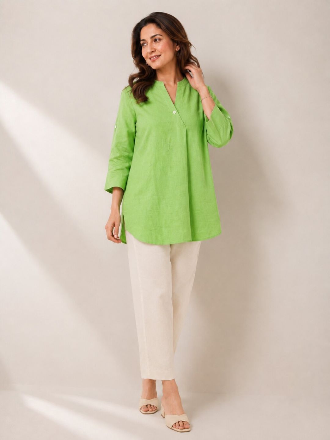 Women's Casual Mandarin Collar Tunic Top | Soft Cotton Blend | Lime Green