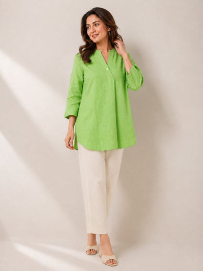 Women's Casual Mandarin Collar Tunic Top | Soft Cotton Blend | Lime Green