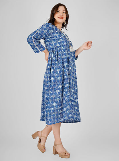 "Serene Sky Blue Cotton Summer Dress – Side Gathered Elegance"