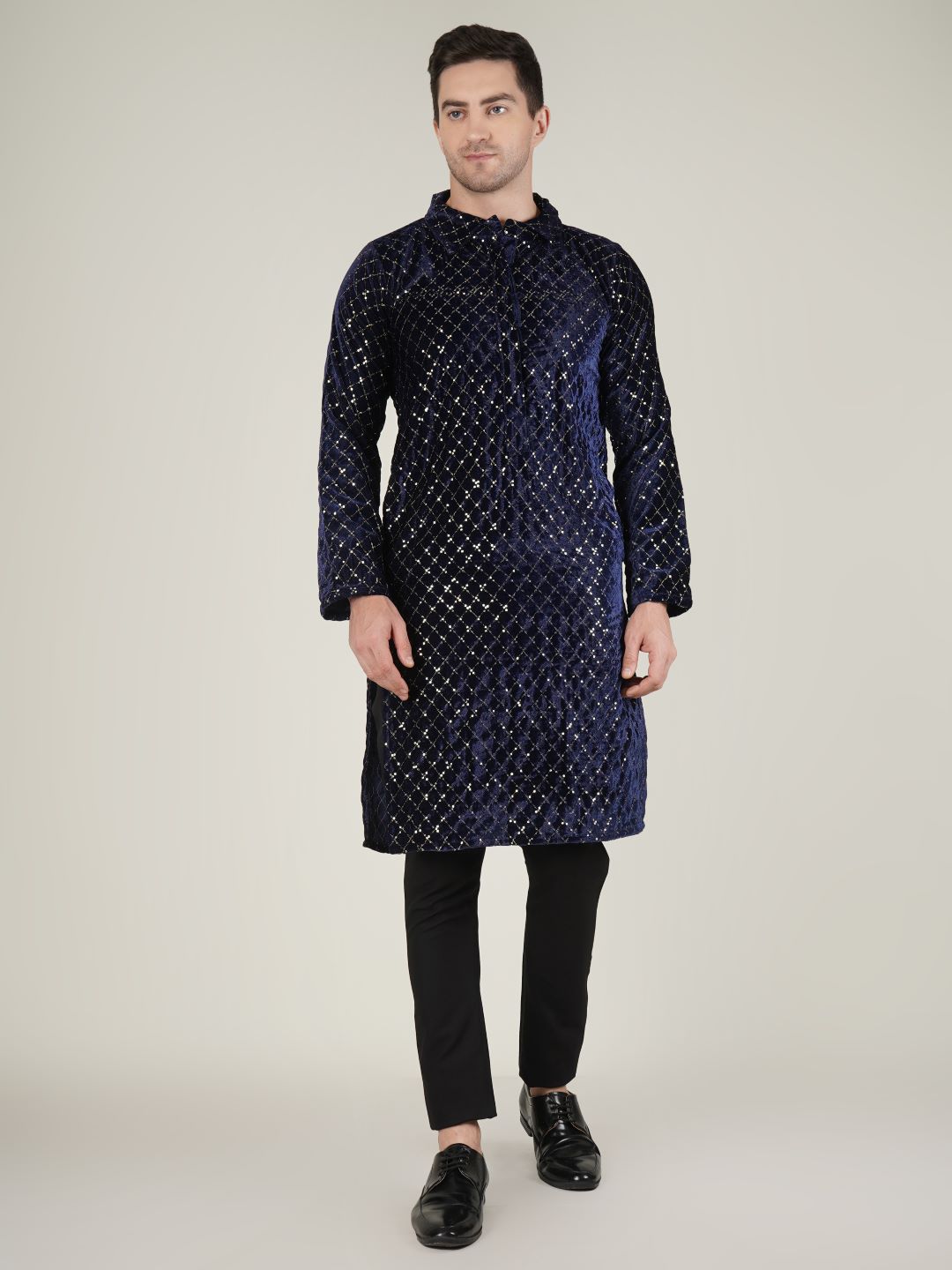Navy Blue Velvet Kurta with Geometric Pattern