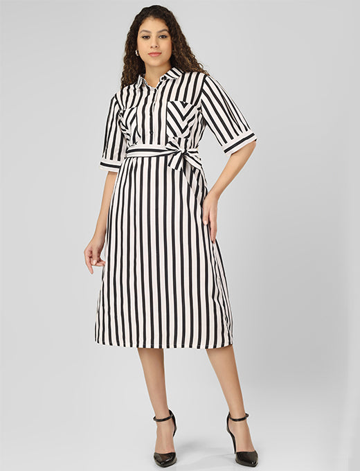 Step out in style with this Rayon Cotton Striped Long Dress, featuring a sleek waist belt and stylish sleeves for a refined yet trendy look
